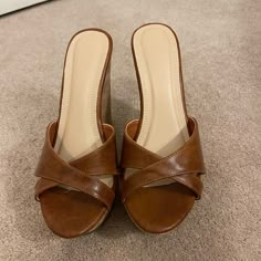 Size 5.5 Never Worn. Stickers Still On The Bottoms. Not A Named Brand Brown Heel Sandals, Brown Sandals Heels, I'm Broke, Good Shoes, Brown Wedges, Prep School, Aesthetic Shoes, Look Good Feel Good, Swag Shoes