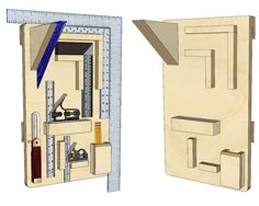 two drawings of the inside of a wooden box with tools in it and measuring tape