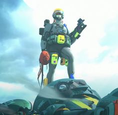 an animated man standing on top of a pile of junk in front of a cloudy sky