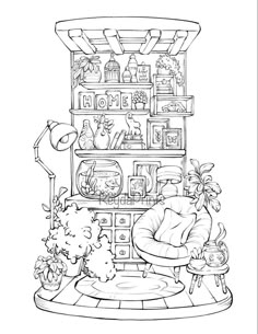 a black and white drawing of a living room with shelves full of things on it