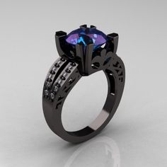 Modern Vintage 14K Black Gold 3.0 Carat Russian Chrysoberyl Alexandrite Diamond Solitaire Ring R102-14KBGDAL. That is really neat.   https://www.etsy.com/shop/SelfiesNationLLC Black Diamond Solitaire Ring, Funky Jewellery, Jewellery Shops, Black Diamond Solitaire, Sapphire Solitaire Ring, Sapphire Solitaire