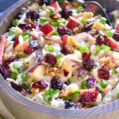 a close up of a bowl of food with fruit and nuts on the side,