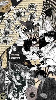 an altered collage of images with flowers and people in black and white, on top of