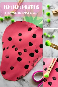 the process for making a strawberry paper craft with pom - poms and strawberries