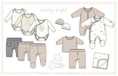 the baby's clothes and hat are all made up of different materials, including onesuits