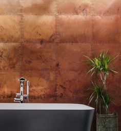 a bath tub sitting next to a potted plant