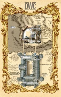 an old map with many different types of buildings in the middle and bottom part of it