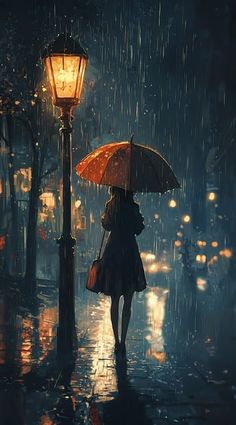 a woman with an umbrella is walking in the rain at night under a street lamp