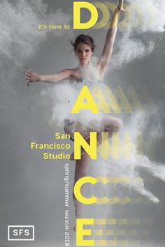 an advertisement for san francisco studio with a woman in the air and clouds behind her