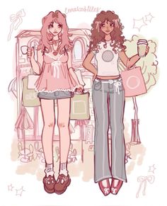 two young women standing next to each other holding shopping bags and drinking coffee in their hands