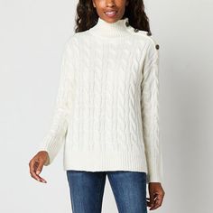 Soft knit fabric and stylish rhinestone detailing at the shoulders makes this St. John's Bay women's pullover sweater a must-have addition to your cool-weather wardrobe. It's cut for a classic-fit with a mock neck and long fitted sleeves. Wear it with jeans and boots for a casual, everyday ensemble. Closure Type: Pullover HeadFit: Classic FitNeckline: Crew NeckSleeve Length: Long SleeveSleeve Style: Fitted SleeveApparel Length: 27 InchesFiber Content: 65% Acrylic, 35% PolyesterFabric Description Fitted Sleeves, Large Sweaters, Small Sweater, Long Sleeve Pullover Sweater, Sweater White, Pullover Sweater Women, Casual Everyday, White Sweaters, Long Sleeve Pullover