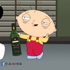 a cartoon character holding a wine bottle in front of a person with a goose on the ground