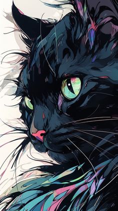 a close up of a black cat with green eyes