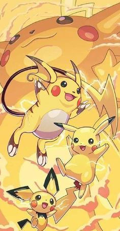 some very cute pokemons in the air with yellow and red colors on them's face