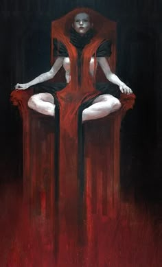 a painting of a woman sitting in a red chair with her legs crossed and hands behind her back