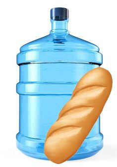 a large blue water bottle with a loaf of bread in it's front and side