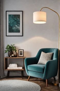 a blue chair sitting next to a lamp in a living room