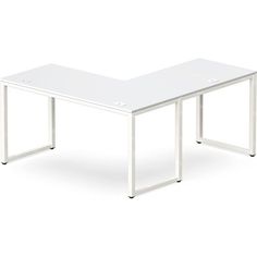 an office desk with white legs and a rectangular table top, viewed from the front