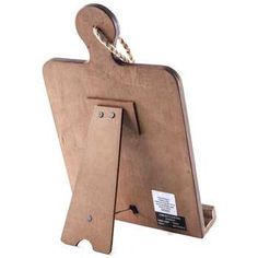 a wooden easel with a chain hanging from it's side and a tag attached to the back