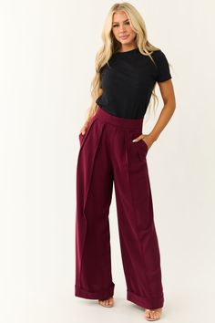 S M L Waist: 27" 29" 31" Inseam: 31" 31" 31" Non-stretchy woven Zipper fly with button and double hook closure Side pockets Banded hem Self: 100% Polyester Imported Note: Hand wash cold, do not bleach, line dry, iron low heat. Model is wearing a size SmallModel’s Profile: Size 1, Height 5'7", Bust 34", Waist 26" Wine Wide Leg Pants Outfit, Maroon Work Outfit, Burgundy Slacks Outfit Women, Maroon Trousers Outfits Women, Burgundy Dress Pants Outfit, Wine Colored Outfits, Maroon Pants Outfit Work, Burgundy Pants Outfit, Super Wide Leg Pants