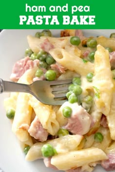 ham and pea pasta bake on a white plate with a green border overlay