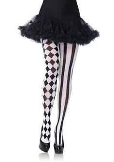 Harlequin tights. Pierrot Costume, Black And White Tights, Harlequin Costume, Costume Carnaval, Doll Halloween Costume, Striped Tights, White Tights, Patterned Tights, Stocking Tights