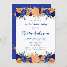 a blue and orange floral bachelor party card