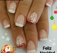 Xmas French Nails, Nails Cristhmas Ideas, French Manicure Christmas Nails, Snow Flake Nail Art, Winter French Nails, Christmas French Manicure, Christmas Nails French, Christmas French Nails, Winter Nails 2023