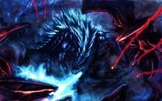 an image of a dragon attacking another creature in the dark night with red and blue lights