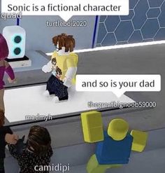 two people are talking to each other in front of a computer screen that says sonic is a fictional character and so is your dad