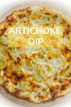 the words artichoke dip are written in black on top of a pizza crust