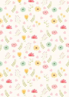 a white background with pink, yellow and green flowers