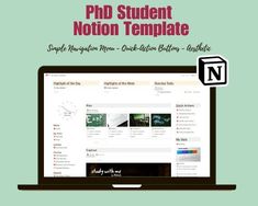 a laptop with the words phd student notation template on it and a green background