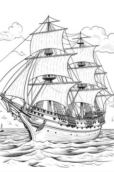 an old sailing ship in the middle of the ocean with sails and masts on it