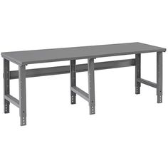 a gray table with two metal legs and one shelf on the side, against a white background