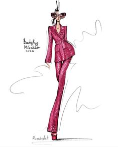 a drawing of a woman in a pink suit