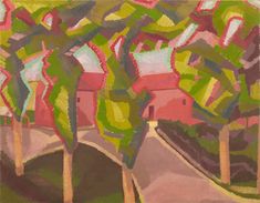 an abstract painting of trees and houses