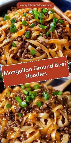 two plates of noodles with beef and green onions on them, one is topped with cheese