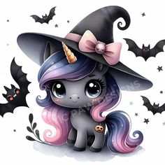 a cute little pony wearing a witches hat with bats around her neck and eyes, sitting on