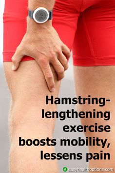 a man in red shorts holding his knee with the words, hamstring - lengthening