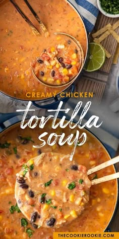 tortilla soup in two bowls with spoons