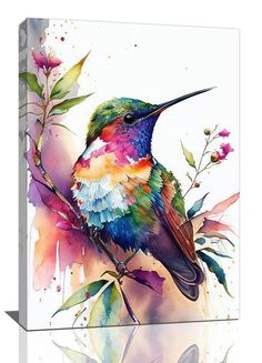 a painting of a colorful bird on a branch with leaves and flowers in the background