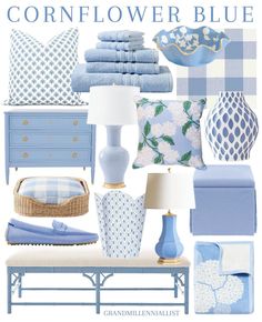 a blue and white color scheme with pillows, blankets, lamps, bed linens