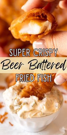 a close up of a person dipping some food into a small bowl with the words super crispy beer battered fried fish in it