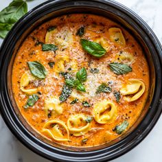 an overhead view of a bowl of pasta sauce with basil leaves and parmesan cheese