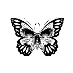 a black and white drawing of a butterfly with skulls on it's back wings