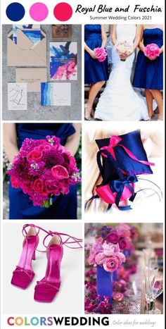 the color scheme for this wedding is blue, pink and purple with an assortment of flowers