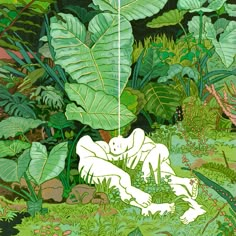 an illustration of two people in the jungle with plants and rocks around them, one person is laying down on the ground