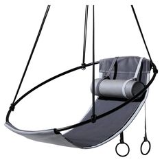 a grey and black chair hanging from a rope