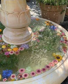 a fountain filled with water surrounded by flowers